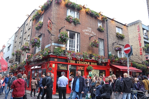 A group of people outside The Temple Bar in Dublin