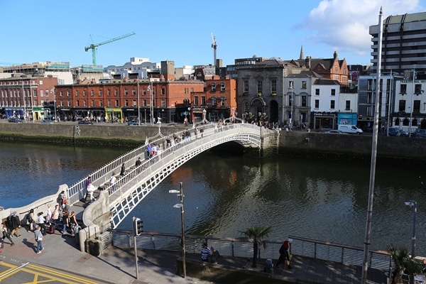 view of the Ha\'Penny Bridge from up above in The Winding Stair restaurant