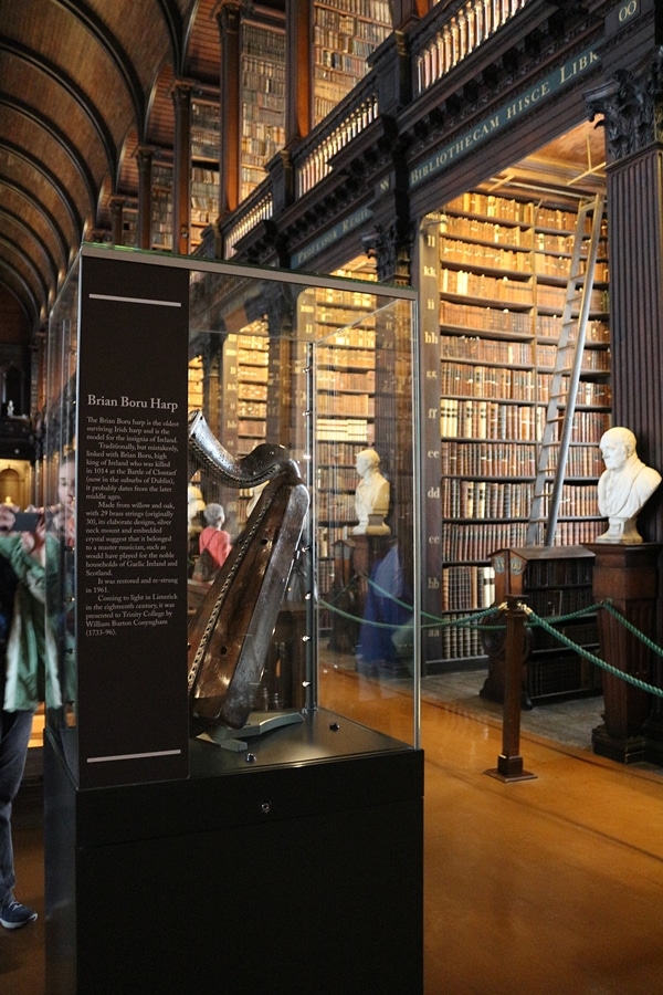A display of an old harp in the Trinity College Library