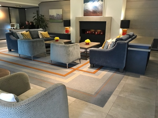 A hotel lobby lounge area