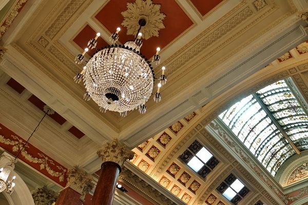 A chandelier hanging from the ceiling