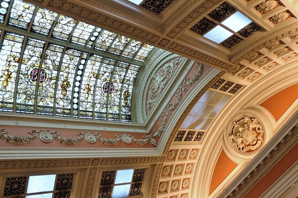 stained glass and crown molding decorations inside a restaurant