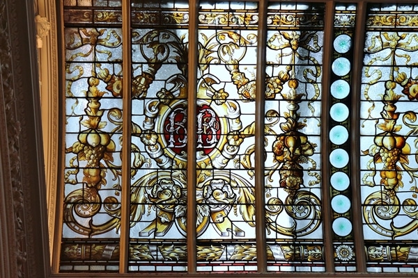 A close up of a stained glass window