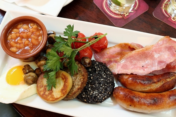 a full Irish breakfast on a white plate