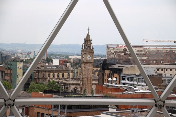 view of a clock tower from tower observatory over Victoria Square in Belfast