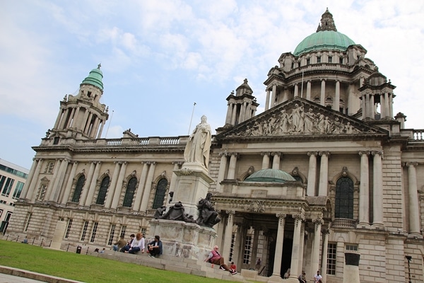 view of Belfast City Hall with Queen Victoria\'s statue in front