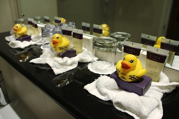 rubber duckies in a hotel bathroom