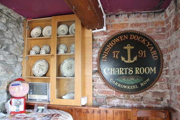 a sign that says Charts Room and a display of old dishes