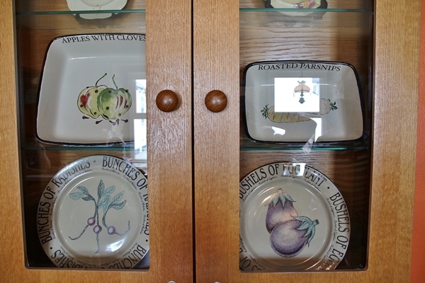 dishes on display in a glass case