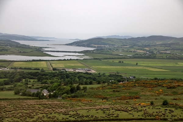 A large green field with a mountain and a body of water