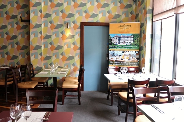 interior of a restaurant with colorful walls