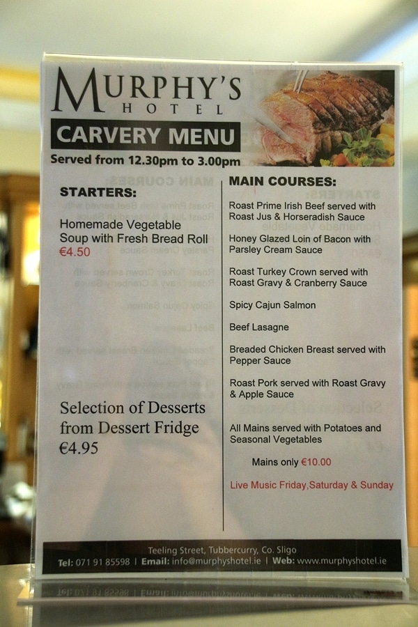 A close up of a carvery menu