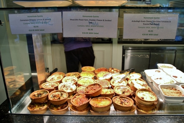 A display of individual quiches in a cafe