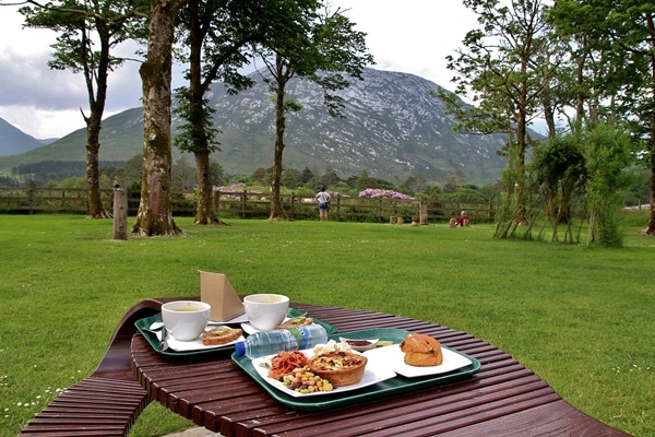 a picnic table with trays of food on it, and trees and mountains in the distance