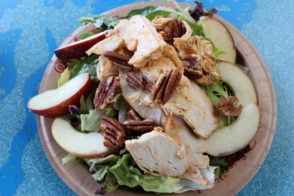 a salad topped with sliced chicken and pecans