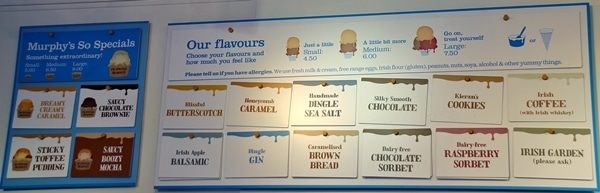 an ice cream menu inside a shop