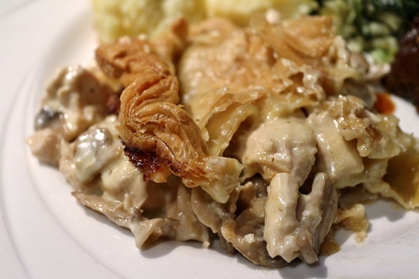 A close up of chicken pot pie on a plate