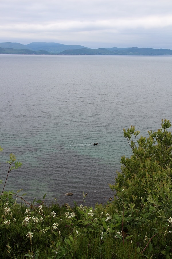 a small boat in a bay