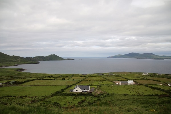 a lush green field with farmhouses on a bay