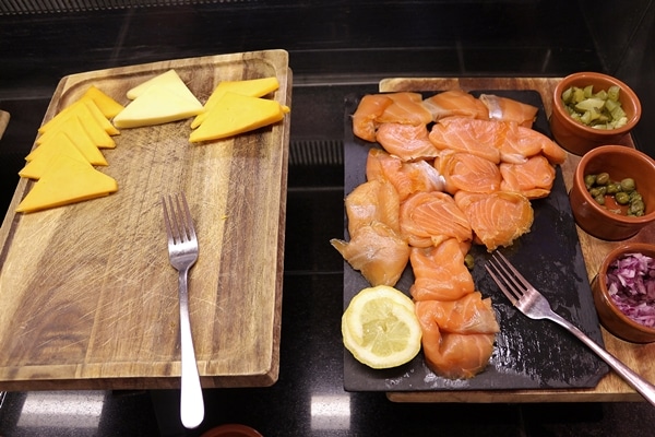 cheese and smoked salmon on a buffet