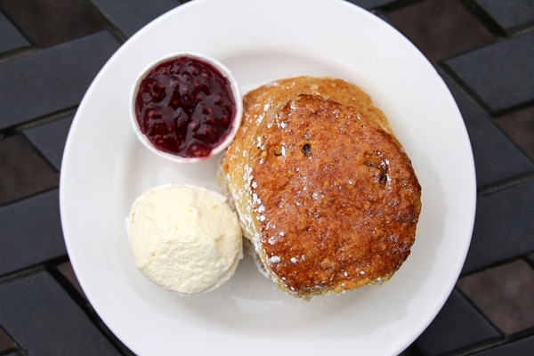 overhead view of a large scone on a plate