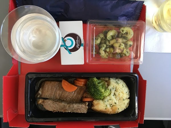 airplane food on a tray table