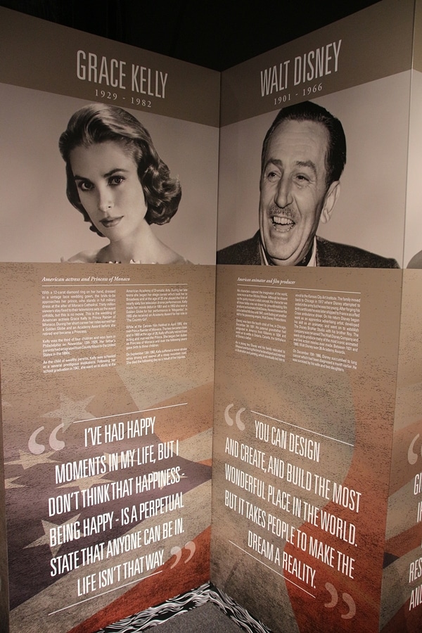 Grace Kelly and Walt Disney on signs with text about them