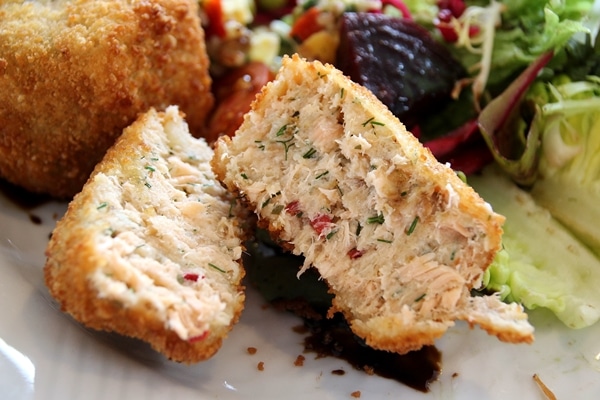 cross section of a fish cake on a plate