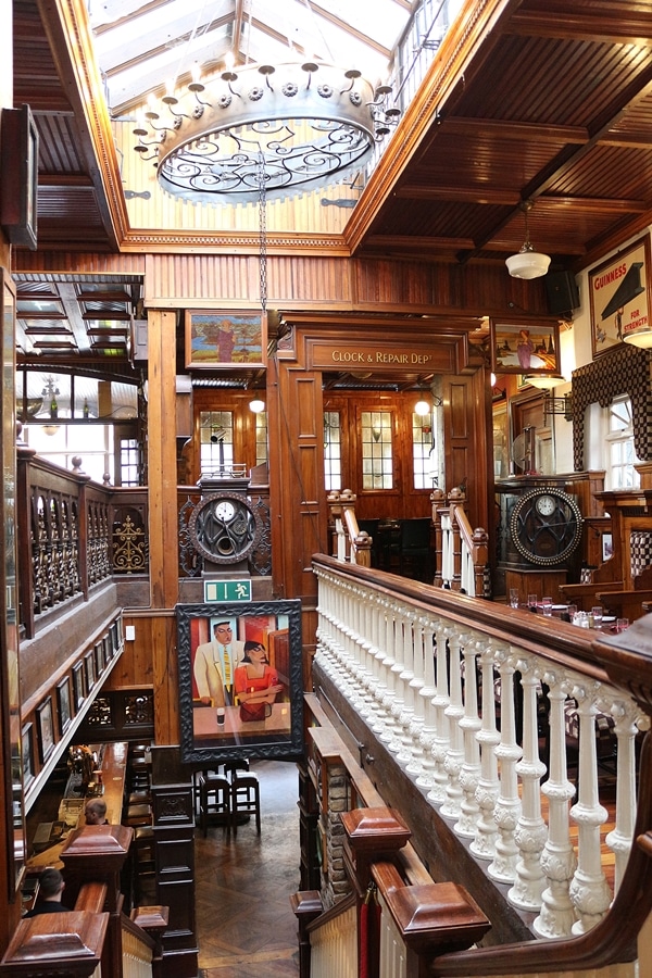 looking down the staircase inside a restaurant