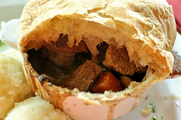 close up of the interior of a beef and Guinness pie