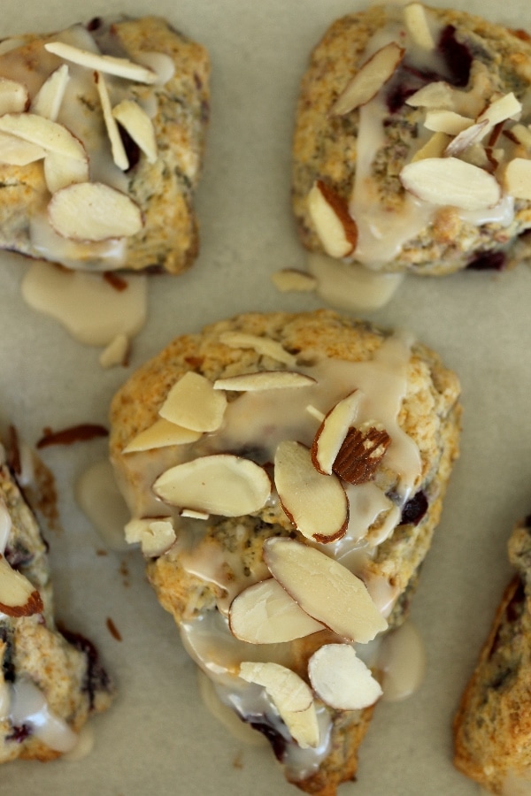 closeup of a scone topped with sliced almonds