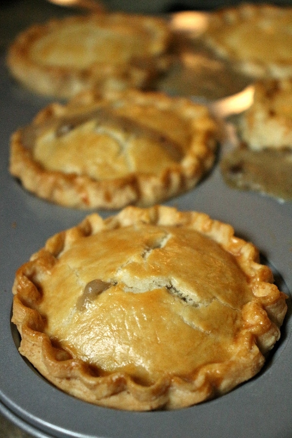 Individual chicken and mushroom pies baked in a jumbo muffin pan until golden and bubbly
