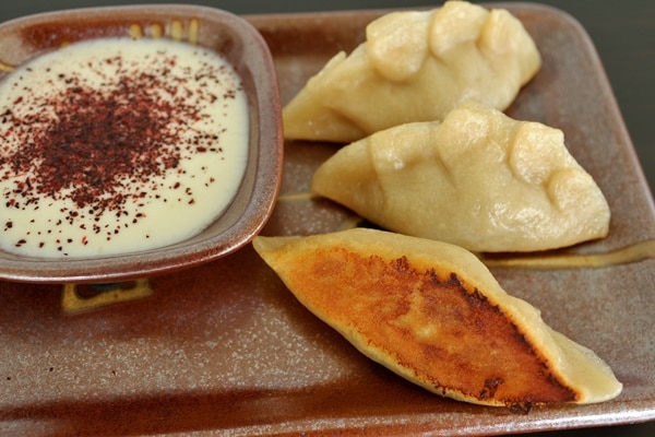 side view of a small plate of dumplings with dipping sauce