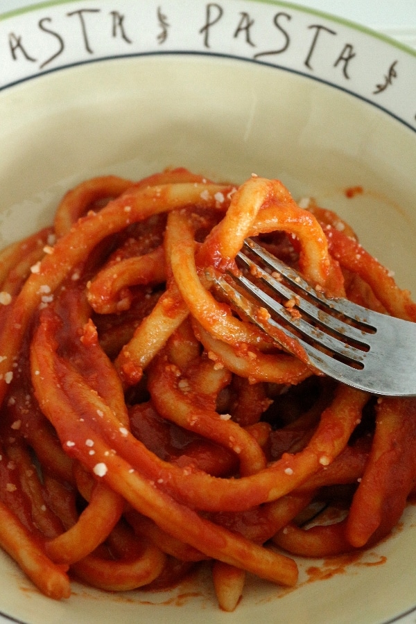 A bowl of thick noodles in tomato sauce
