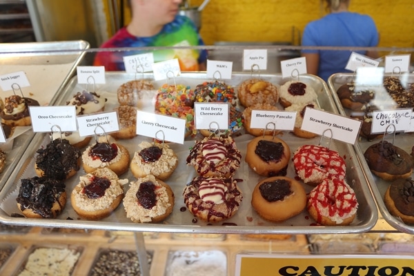 a display of different kinds of donuts