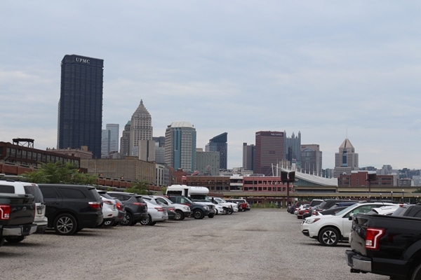 a parking lot in a city