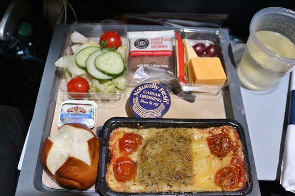 an airplane meal of baked pasta