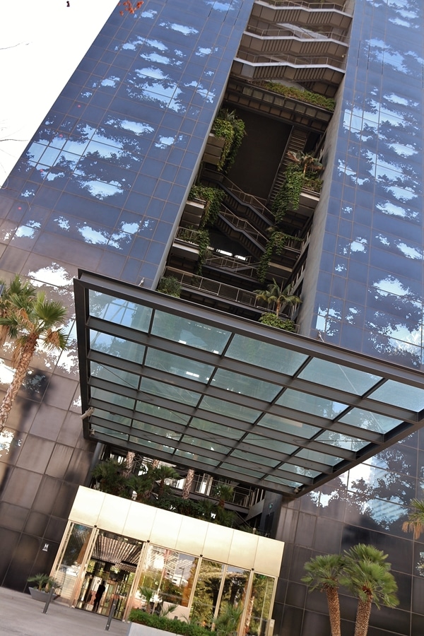 entrance to a tall building with palm trees