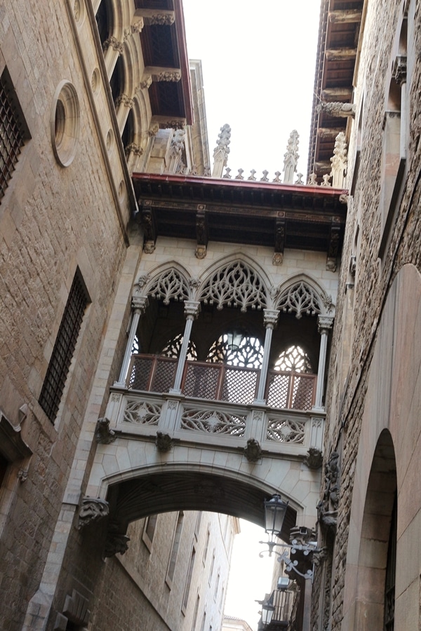 an ornate gothic bridge connecting 2 stone buildings