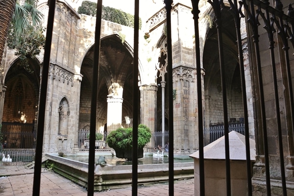 a courtyard with a fountain