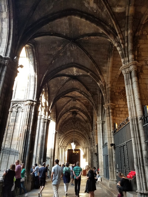 A group of people walking around Barcelona Cathedral\'s courtyard