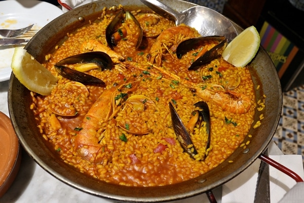 seafood paella in a wide skillet