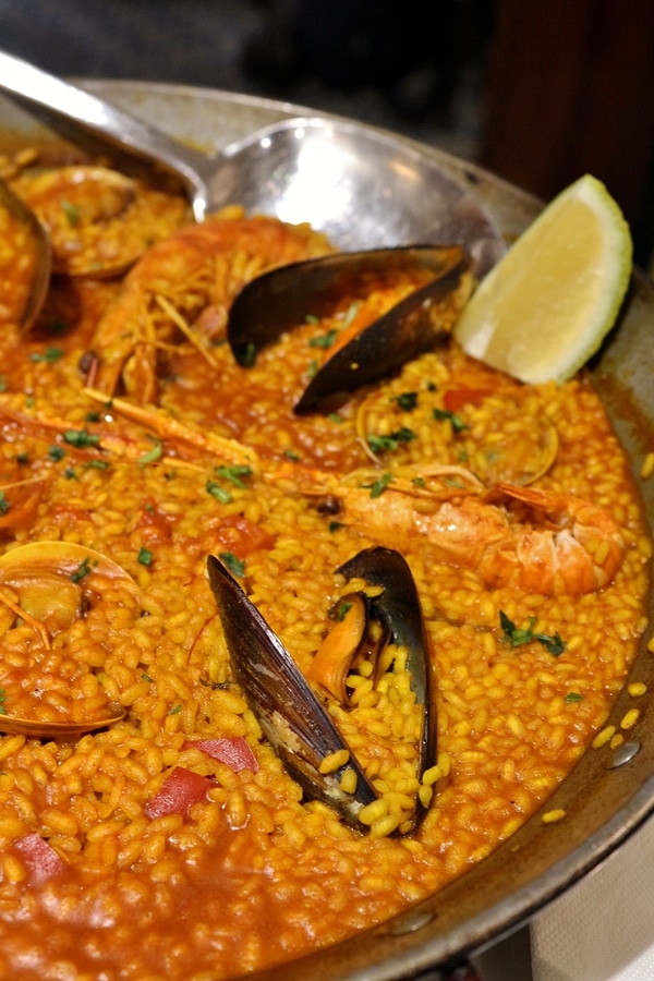 closeup of a skillet of paella