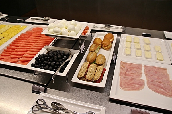 cold buffet items such as hard-boiled eggs and olives