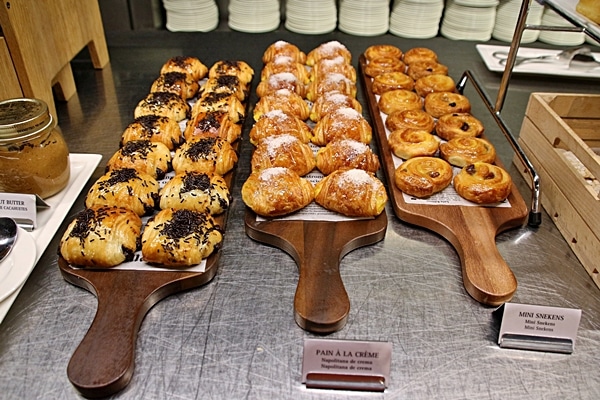 closeup of breakfast pastries on a buffet