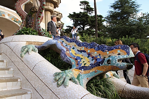 closeup of a mosaic lizard statue