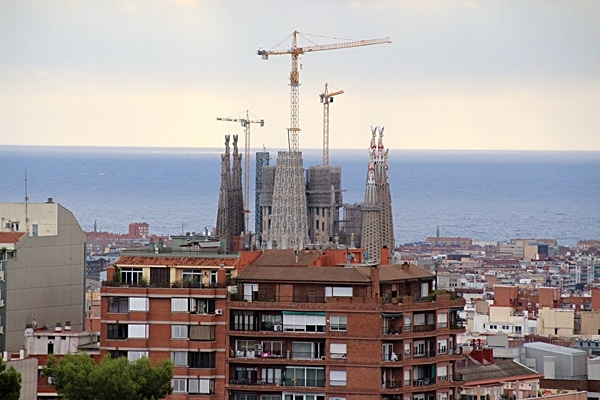 Sagrada Familia church under construction in the distance