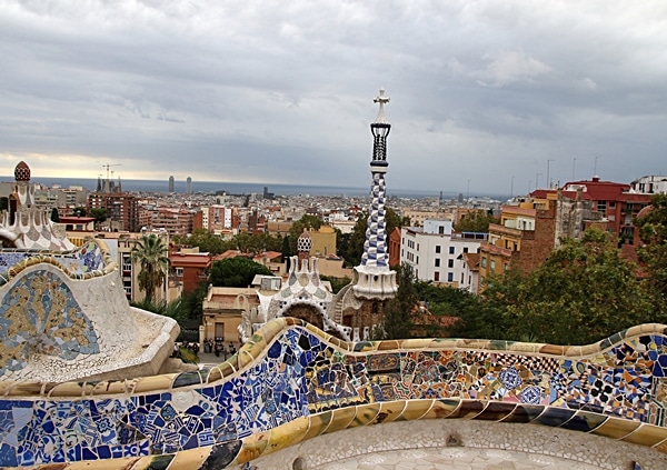 A mosaic covered bench overlooking Barcelona