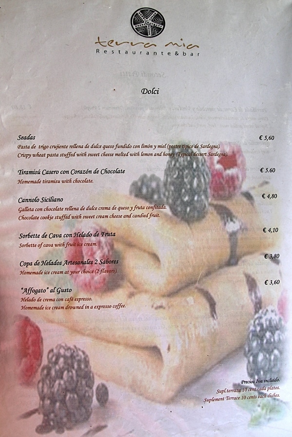 dessert page of a restaurant menu