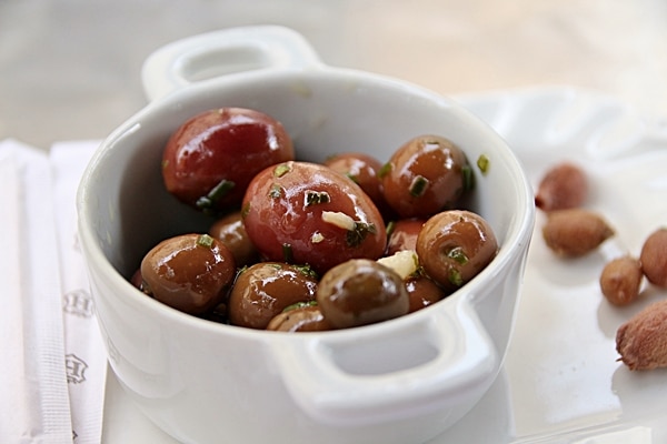 closeup of a bowl of marinated olives